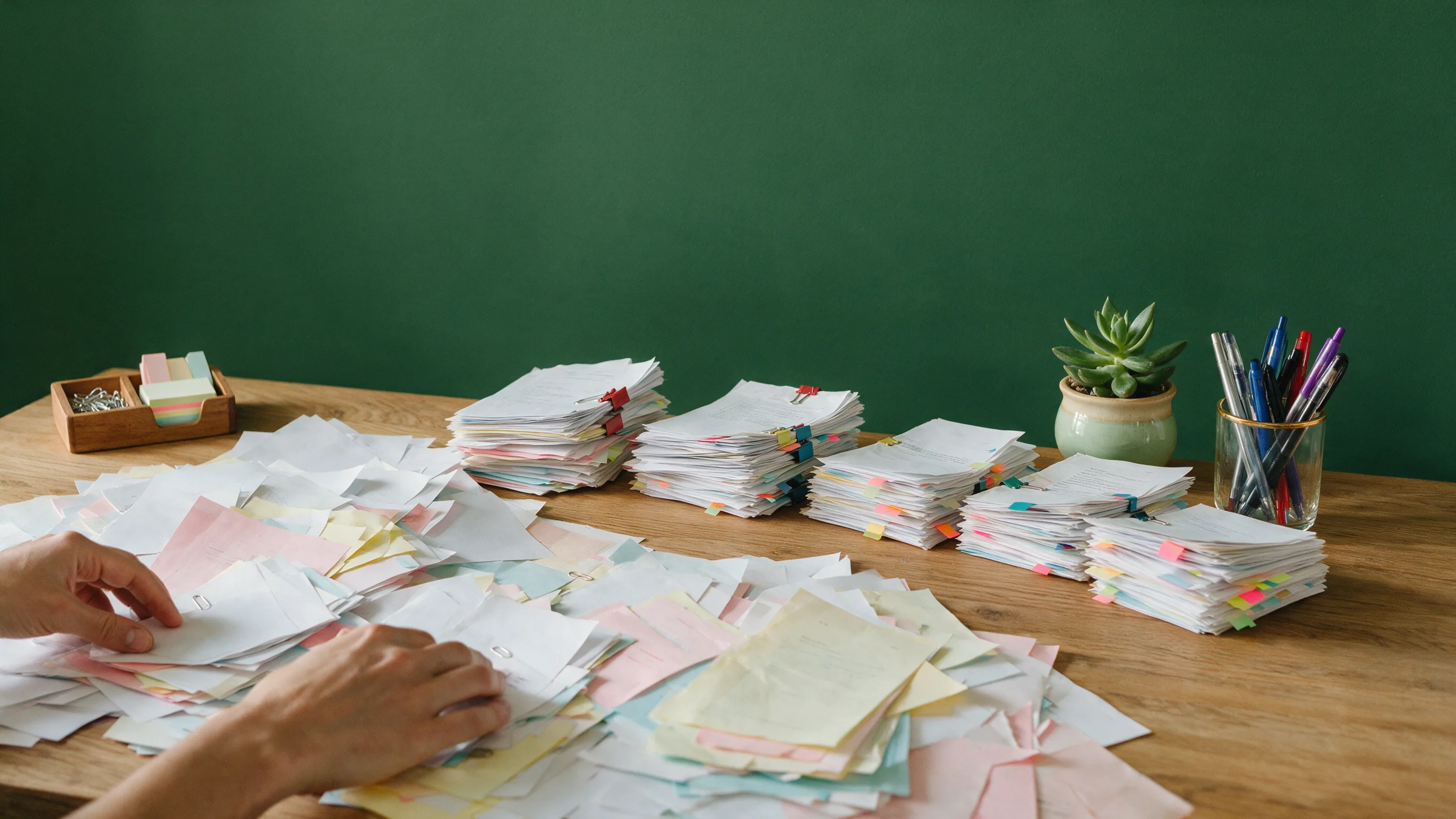 Hands sorting a spread of loose papers into clipped, tabbed stacks on a wooden desk