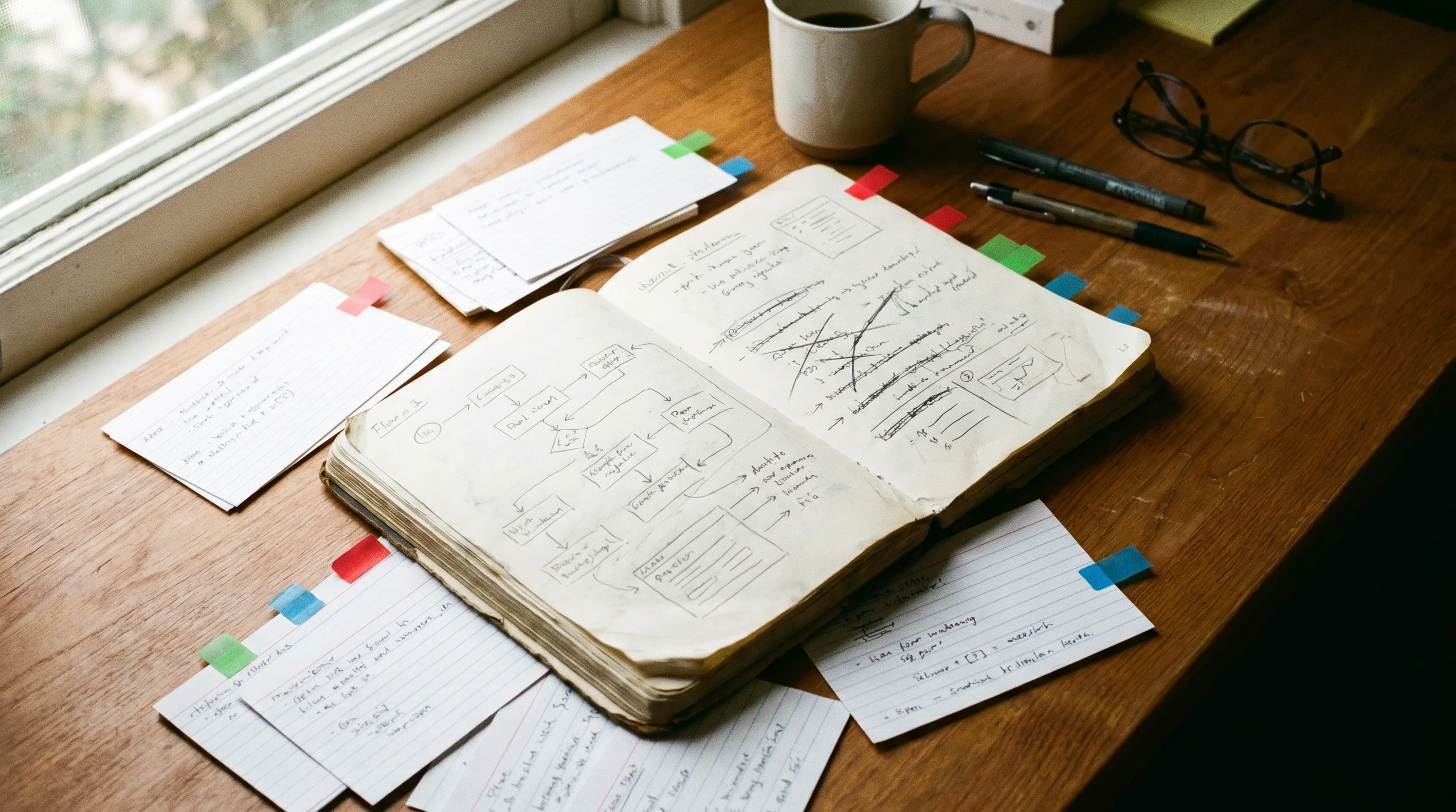 Open working notebook with sketched flow diagrams and crossed-out ideas, surrounded by tabbed index cards