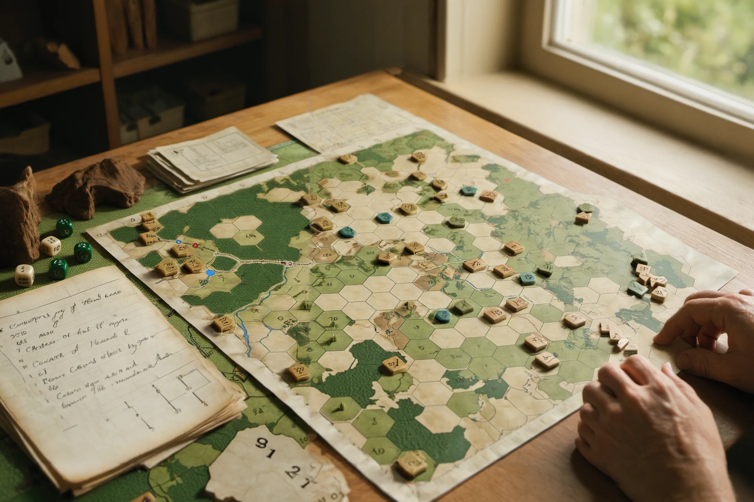 Hex-map board wargame in progress by a window, with unit counters, dice, and a handwritten notebook of moves